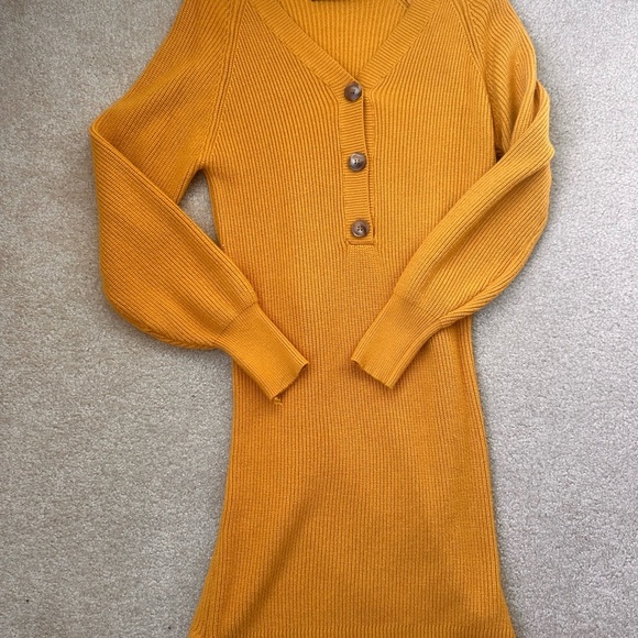 Mirol Mustard Yellow Ribbed Knit Sweater Dress | V-Neck Button Front - Picture 2 of 6
